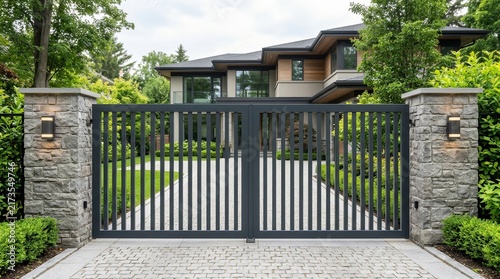 Modern dark grey aluminum gate with vertical slats for a luxury suburb house entrance.
