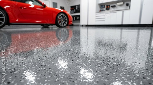 Modern garage interior featuring a beautiful grey epoxy floor with a shiny red car reflection.