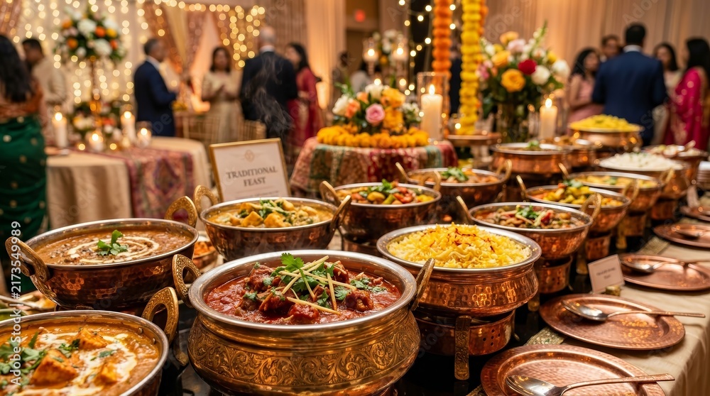 Fototapeta premium Elaborate royal dining setup featuring a delicious destination wedding buffet.