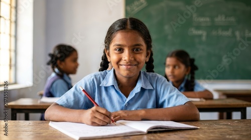 A happy Indian schoolgirl in uniform sitting at her desk and writing with a pencil.