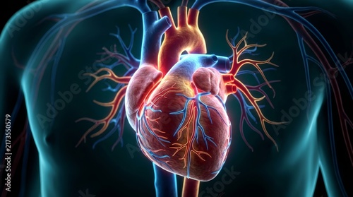 Detailed illustration of the human heart and cardiovascular system with veins.