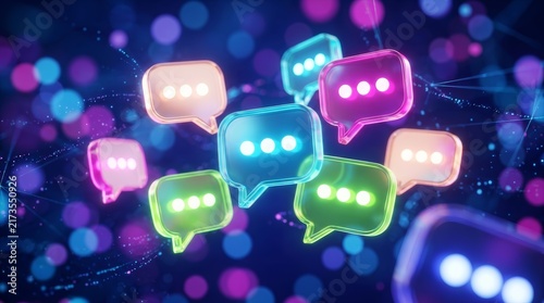 Creative chat hologram with colorful speech bubbles on a blurred blue background.