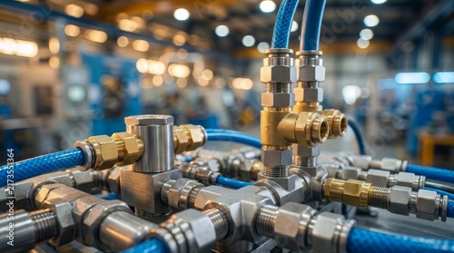 Industrial pneumatic tools and valves connected to a compressed air system in a factory.