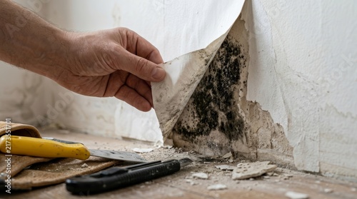 Hand peeling back damp wallpaper to reveal toxic black mold growing on the wall.