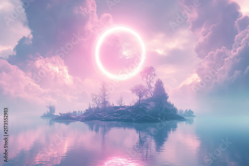 Neon ring visual highlighting aethereal and hypnotic. Water surface setting defined by island and phantasmagoric. Mystical, glow, horizon, serene and shine complete the scene.