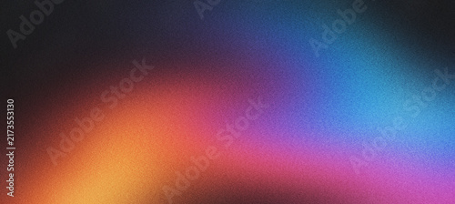 Vibrant rainbow light leak with grainy texture on black background. Abstract neon color gradient with film grain effect. Retro aesthetic prism glow for creative overlay and artistic design.