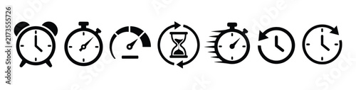 Foto Time Icons Set: A collection of iconic representations of time, including an alarm clock, stopwatch, speedometer, hourglass, and various clock faces, symbolizing punctuality, speed