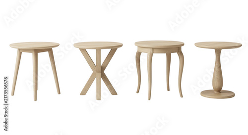 Four small wooden side tables isolated on transparent background