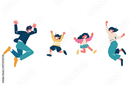 Happy family of four jumping together. Flat vector illustration of father, mother, and children.