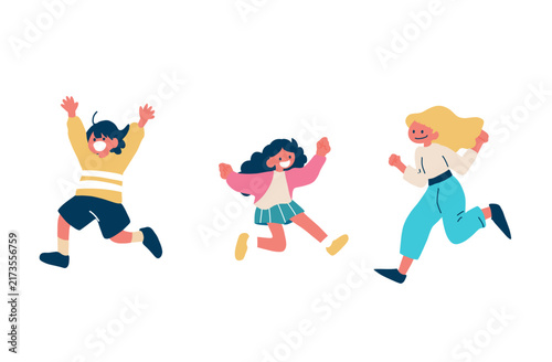 Three happy children running and jumping together. Flat vector character illustration.