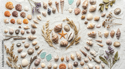Various seashells, starfish, and sea glass neatly arranged on white sand creating a serene coastal summer mood