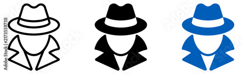 Detective or secret agent character profile silhouette icon set