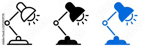 Set of desk lamp icons in outline, solid, and colored vector styles