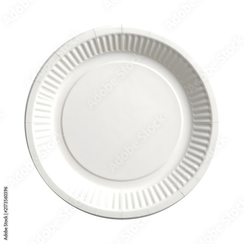 Empty white paper plate for food service isolated as a top view circular object shown on transparent background