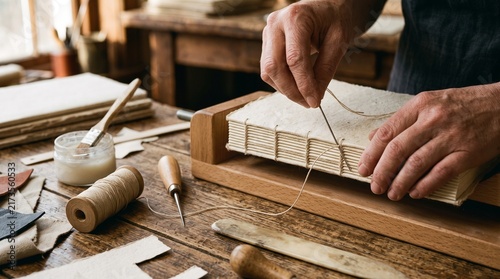 Close Up of Hands Sewing a Book Binding in a Traditional Bookbinding