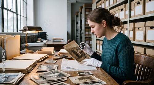 Archivist Examining Old Photos in Historical Archive Wearing White