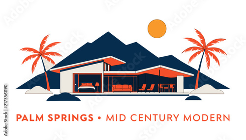 Very beautiful realistic flat vector travel poster featuring a Palm Springs inspired modernist house, desert mountains, orange sun, PALM SPRINGS • MID CENTURY MODERN, isolated on white background, no 
