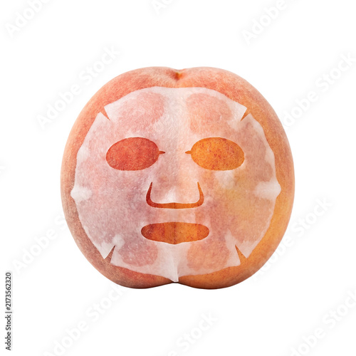 Peach Fruit Wearing a Facial Sheet Mask, Creative Nature and Skincare Concept for Beauty, Wellness, Self Care, Organic Cosmetics and Natural Beauty