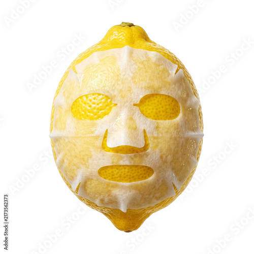 Creative lemon slice with human face mask design isolated on white background, playful citrus character for skincare, beauty, wellness, food and advertising concepts