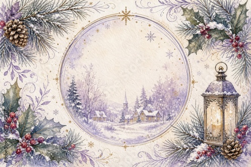 Christmas winter village scene inside a circular frame with holly berries and pine cones, festive holiday background for greeting card invitations
