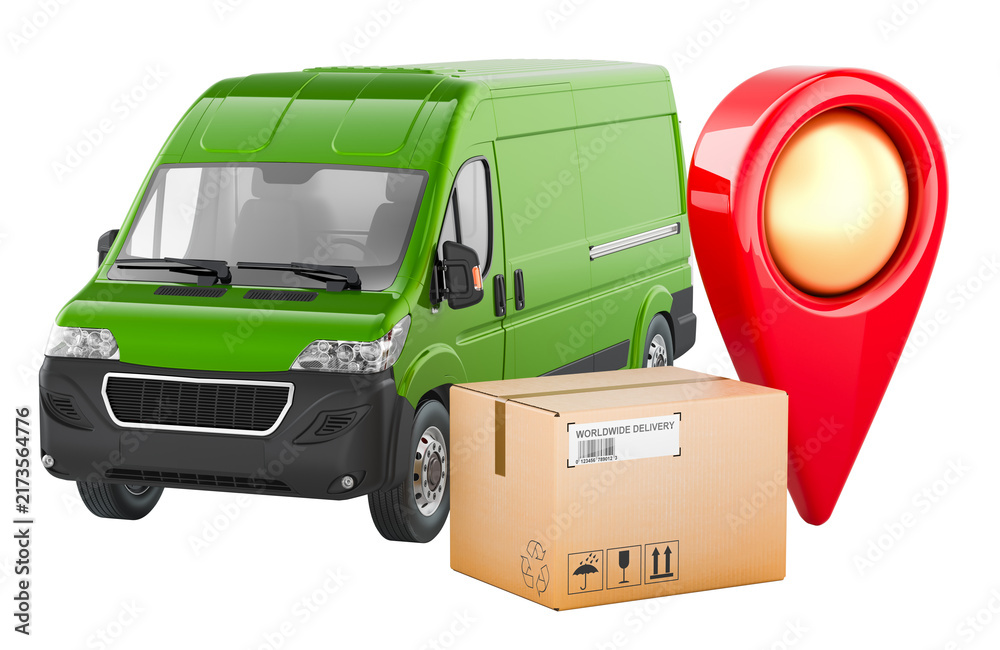Naklejka premium Delivery van with cardboard parcel and map pin, concept of courier shipping, parcel tracking and local delivery, 3d rendering