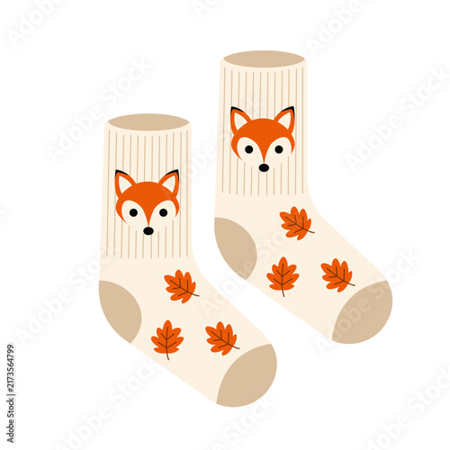 Autumn knitted fox socks with autumn leaf