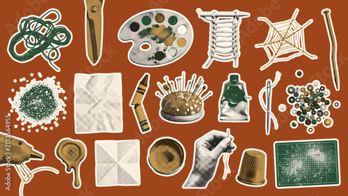 Vintage craft supplies sticker set, retro hobby icons for scrapbooking and DIY projects, 20 artistic hand-drawn elements on terracotta background