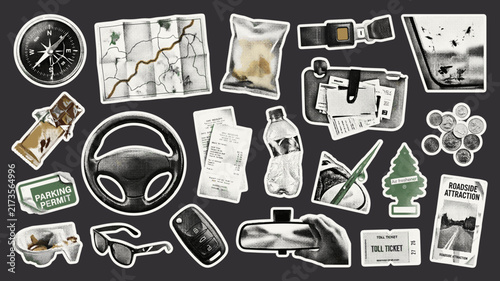 Road trip sticker set with car travel essentials, vintage automotive adventure icons, 20 vector elements for transportation and driving lifestyle