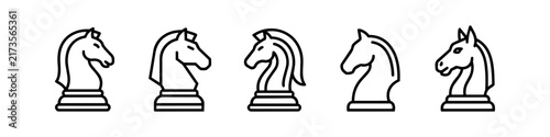 Set of five minimalist chess knight horse icons in thin line art style. Ideal for strategy, business tactics, and gaming concepts. Professional vector illustration on white background.
