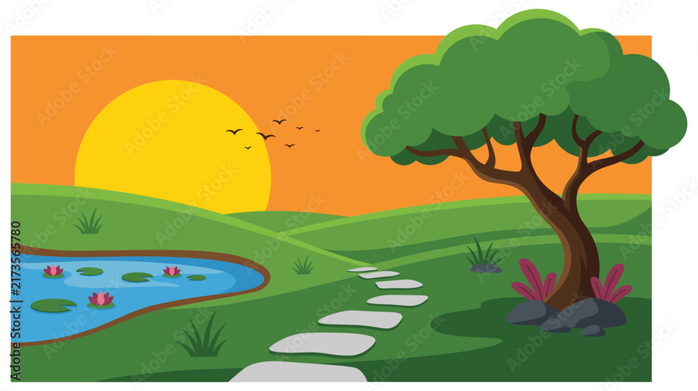 Obraz premium Sunset field landscape with pond and green rolling hills.