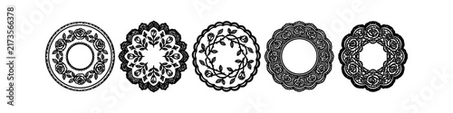 Set of five decorative circular rose frames and floral lace borders in black and white. Elegant hand-drawn mandala designs for wedding invitations, scrapbooking, and paper crafts.