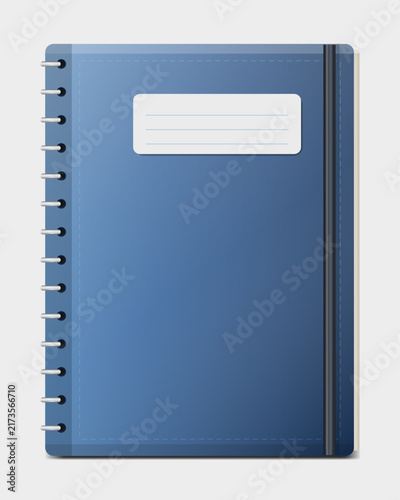 Blue spiral notebook mockup with blank name label and elastic closure band, realistic stationery vector illustration isolated on light grey background.