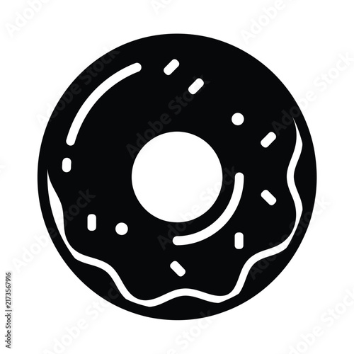 Black Donut Silhouette Vector Icon. Sweet Glazed Doughnut with Sprinkles Symbol for Bakery Menu.