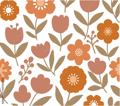 Warm Red and Orange Floral Pattern with Stylized Blossoms and Olive Green Leaves on Clean White Background.