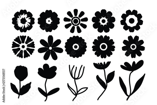 Elegant Black Floral Silhouette Collection Featuring Diverse Blossoms and Botanical Shapes for Modern Decorative Design.