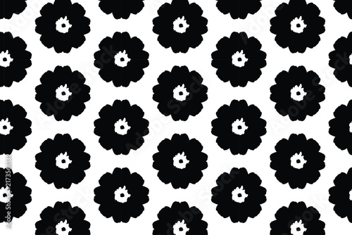 Bold Black Geometric Floral Pattern with Symmetrical Petal Shapes on Clean White Background Seamless Design.