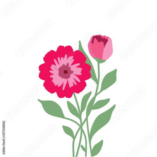 Delicate Pink Bloom and Bud Minimalist Floral Illustration with Soft Green Leaves.