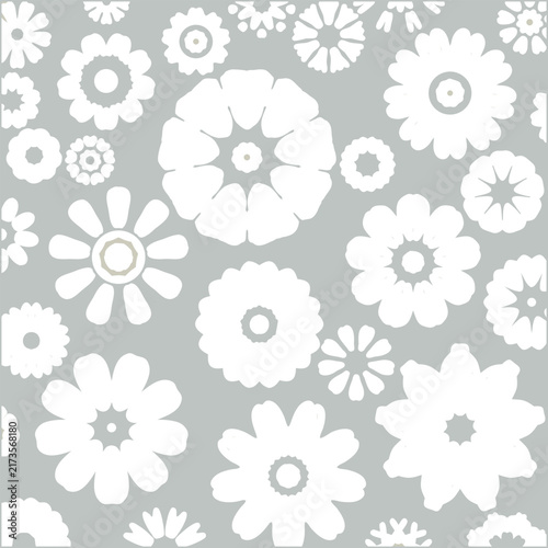   
Elegant White Floral Pattern on Soft Gray Background Seamless Botanical Decorative Design.