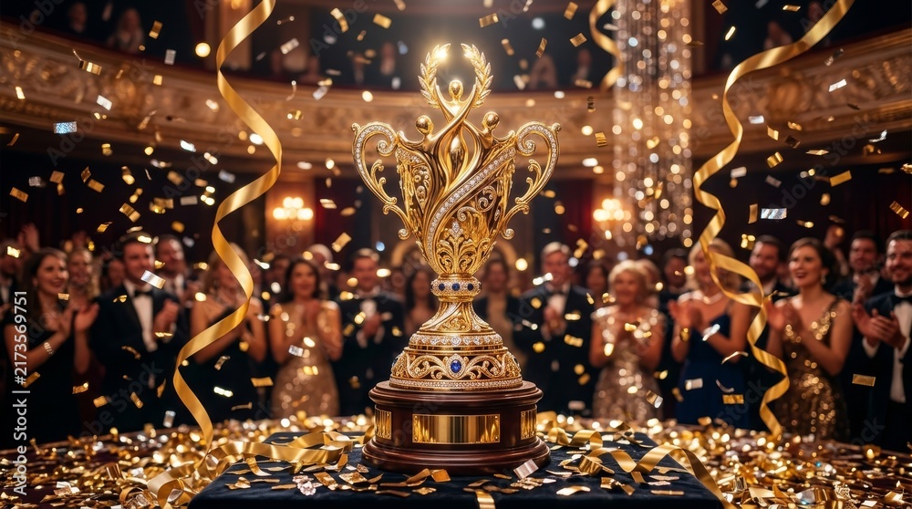 Fototapeta premium Golden Triumph: An ornate, jewel-encrusted golden trophy stands center stage, showered in confetti amidst a rapturous audience in a grand theater, celebrating a momentous achievement.