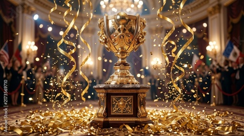 Golden Trophy Grandeur: A magnificent golden trophy stands proudly on a decorated pedestal, showered with confetti and streamers in a grand hall filled with cheering onlookers and national flags.