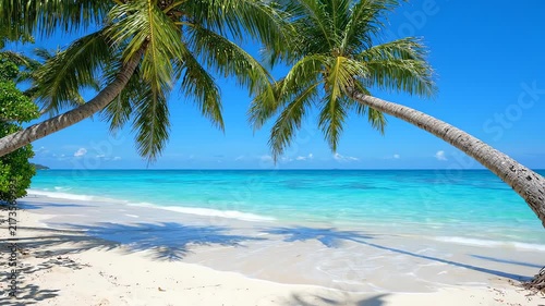 Two Palm Trees Leaning Over White Sand Beach with Turquoise Ocean Waves Framing Tropical Horizon