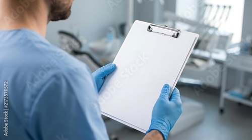 Healthcare Professional Holding Clipboard in Dental Office.