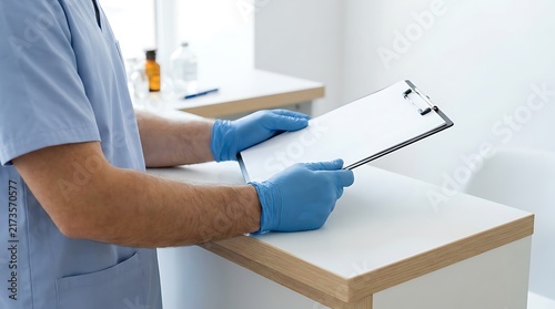 Healthcare Professional in Blue Gloves Holding Clipboard with Medical Document.