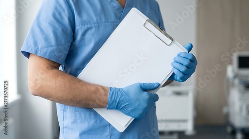 Medical professional in blue scrubs and gloves holding a clipboard.
