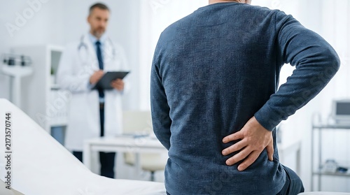 Patient experiencing lower back pain consults with doctor in medical office.