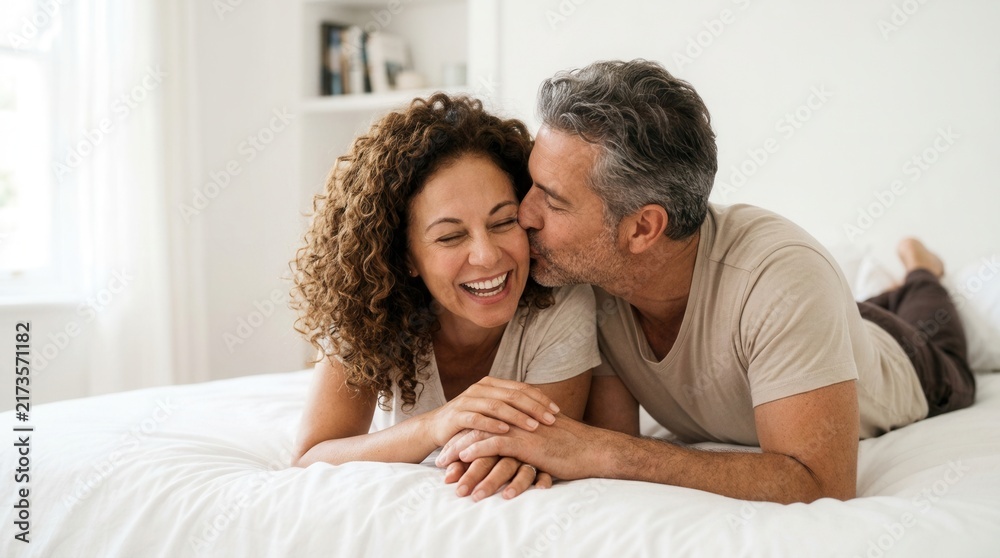 Fototapeta premium Smiling man and woman lying on bed in bedroom, feeling confident and kissing