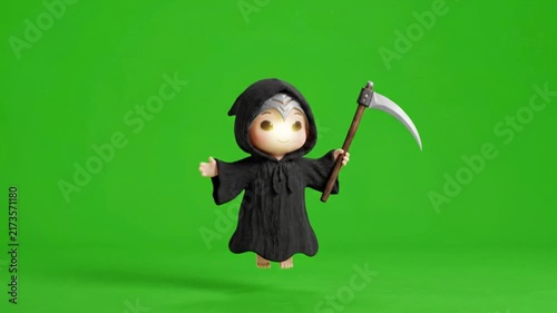3D Cute Grim Reaper Character Floating with Scythe on Green Screen.