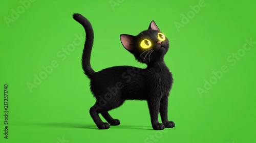 Cute 3D Animated Black Cat with Big Yellow Eyes on Green Screen Background.