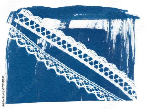 Cyanotype laces illustration. Handcrafted using traditional sun print techniques, featuring delicate and intricate lace textures in classic Prussian blue tones
