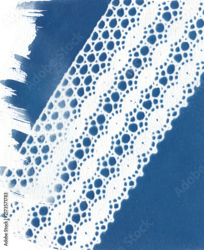 Cyanotype laces illustration. Handcrafted using traditional sun print techniques, featuring delicate and intricate lace textures in classic Prussian blue tones